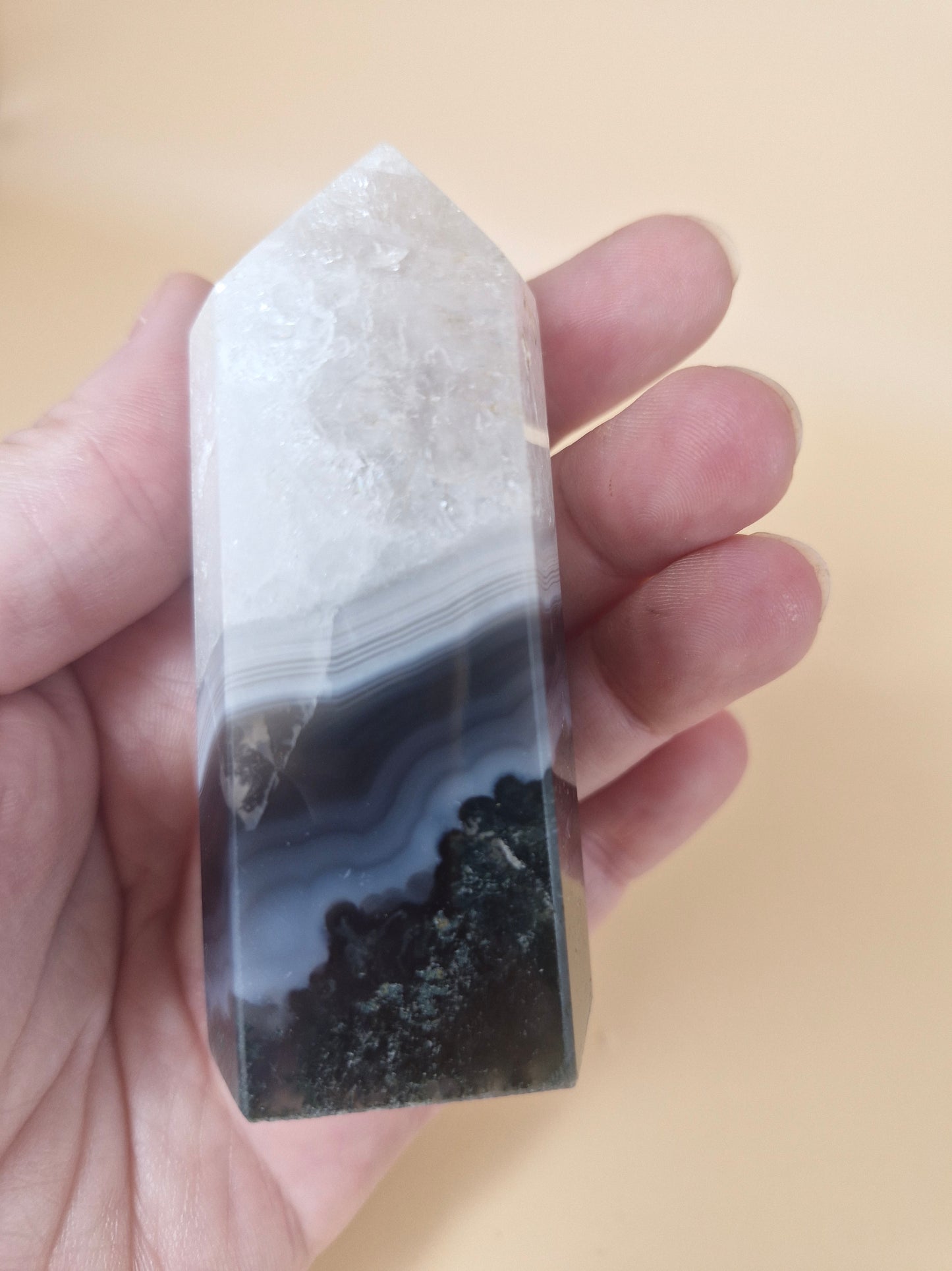 Moss Agate Tower with Quartz (MT1)